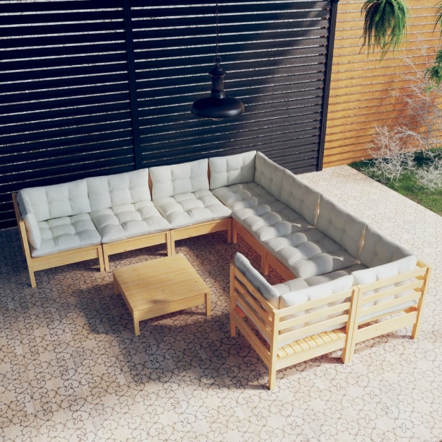 Set Salotto da Giardino 9 pz con Cuscini Crema in Legno di Pino