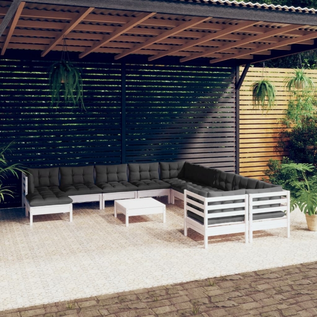 Set Divani da Giardino 12 pz con Cuscini Legno di Pino Bianco