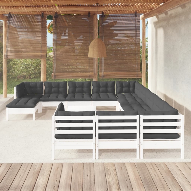 Set Divani da Giardino 13 pz con Cuscini Bianchi Legno di Pino