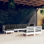 Set Divani da Giardino 9 pz con Cuscini Bianchi Legno di Pino