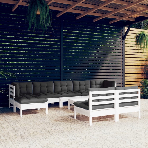Set Divani da Giardino 10 pz con Cuscini Bianchi Legno di Pino