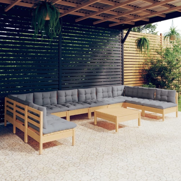 Set Divani da Giardino 11 pz con Cuscini Grigi Massello di Pino