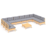 Set Divani da Giardino 11 pz con Cuscini Grigi Massello di Pino