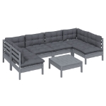 Set Divani da Giardino 7 pz con Cuscini Grigi in Legno di Pino