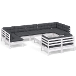 Set Divani da Giardino 10 pz con Cuscini Bianchi Legno di Pino