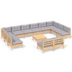 Set Divani da Giardino 13 pz con Cuscini Grigi Massello di Pino