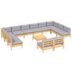 Set Divani da Giardino 13 pz con Cuscini Grigi Massello di Pino