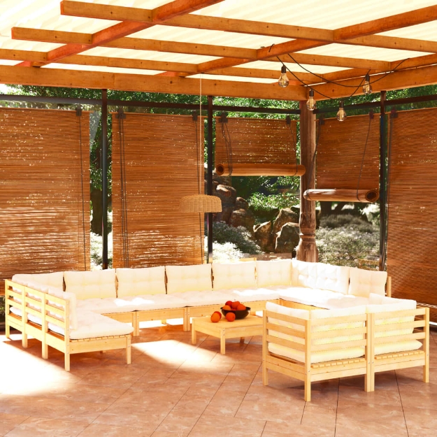Set Salotto da Giardino 13pz con Cuscini Crema in Legno di Pino