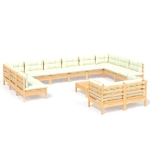 Set Salotto da Giardino 13pz con Cuscini Crema in Legno di Pino