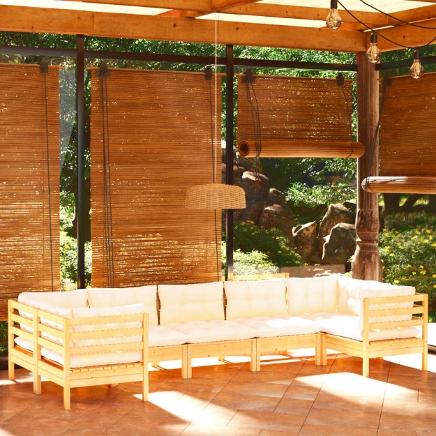 Set Salotto da Giardino 7pz con Cuscini Crema in Legno di Pino