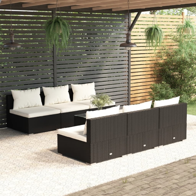 Set Divani da Giardino 7 pz con Cuscini in Polyrattan Nero
