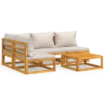 Set Salotto Giardino 5pz Cuscini Grigio Chiaro Legno Massello
