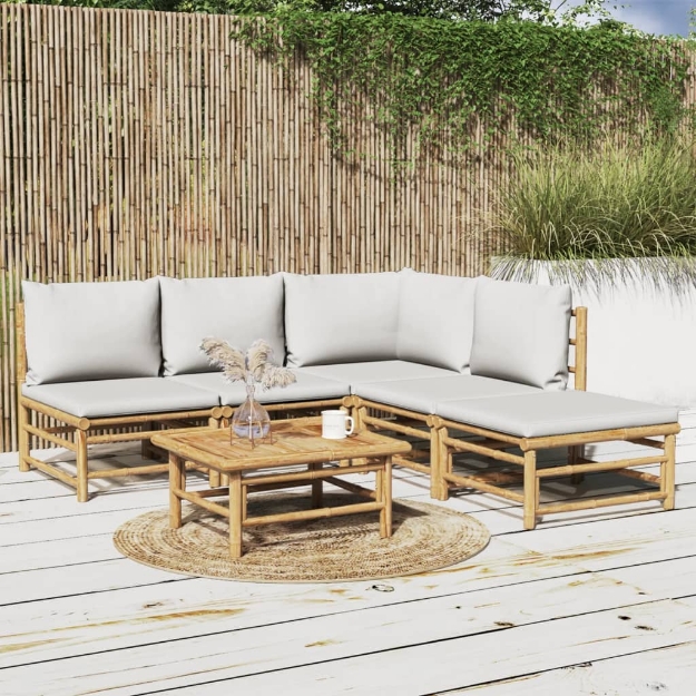 Set Salotto da Giardino 6pz con Cuscini Grigio Chiaro Bambù