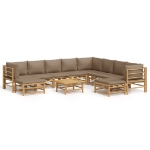 Set Salotto da Giardino 11pz con Cuscini Tortora Bambù