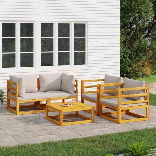Set Salotto Giardino 5pz Cuscini Grigio Chiaro Legno Massello