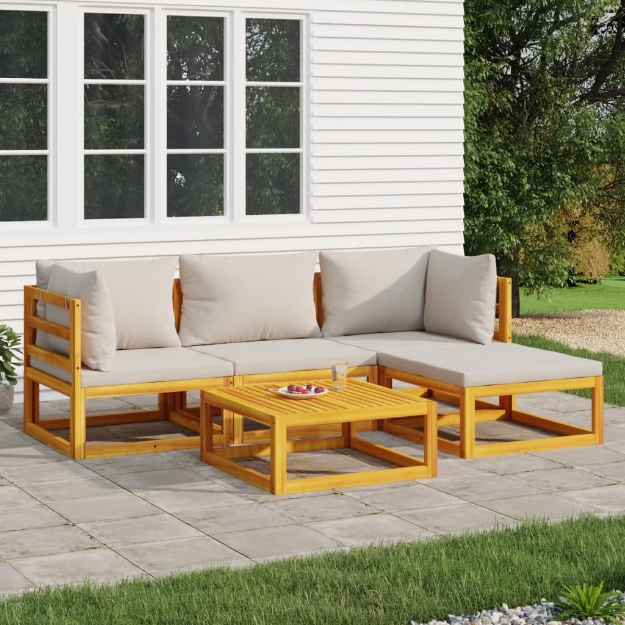 Set Salotto Giardino 5pz Cuscini Grigio Chiaro Legno Massello