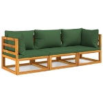 Set Salotto da Giardino 3pz con Cuscini Verdi in Legno Massello