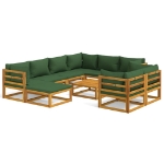 Set Salotto da Giardino 10pz con Cuscini Verdi Legno Massello