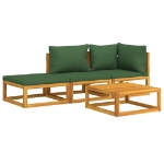 Set Salotto da Giardino 4 pz con Cuscini Verdi Legno Massello