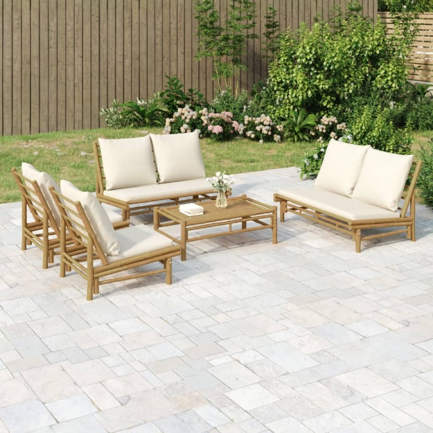 Set Salotto da Giardino 5pz con Cuscini Bianco Crema in Bambù