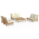 Set Salotto da Giardino 5pz con Cuscini Bianco Crema in Bambù