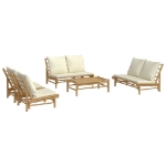 Set Salotto da Giardino 5pz con Cuscini Bianco Crema in Bambù