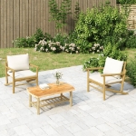 Set Salotto da Giardino 3pz con Cuscini Bianco Crema in Bambù
