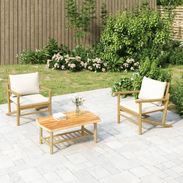 Set Salotto da Giardino 3pz con Cuscini Bianco Crema in Bambù