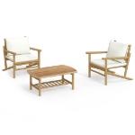 Set Salotto da Giardino 3pz con Cuscini Bianco Crema in Bambù