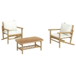 Set Salotto da Giardino 3pz con Cuscini Bianco Crema in Bambù
