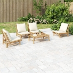 Set Salotto da Giardino 5pz con Cuscini Bianco Crema in Bambù