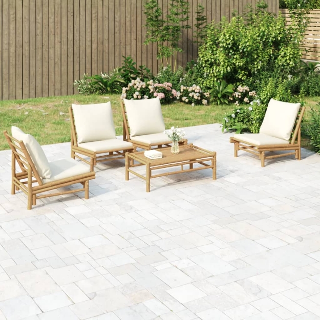 Set Salotto da Giardino 5pz con Cuscini Bianco Crema in Bambù