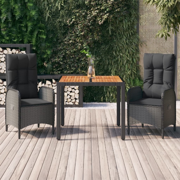 Set da Pranzo da Giardino 3 pz con Cuscini Nero in Polyrattan