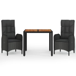 Set da Pranzo da Giardino 3 pz con Cuscini Nero in Polyrattan