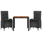 Set da Pranzo da Giardino 3 pz con Cuscini Nero in Polyrattan