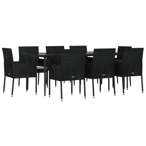 Set da Pranzo da Giardino 9 pz con Cuscini Nero in Polyrattan