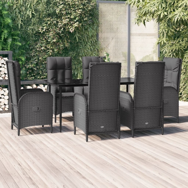 Set da Pranzo da Giardino 7 pz Nero con Cuscini in Polyrattan