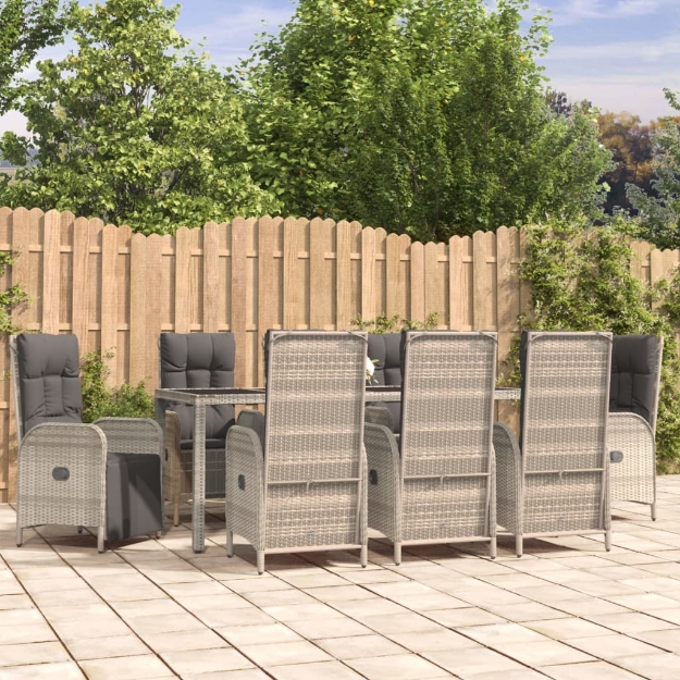 Set da Pranzo da Giardino 9 pz con Cuscini in Polyrattan Grigio