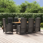 Set da Pranzo da Giardino 9 pz con Cuscini Nero in Polyrattan