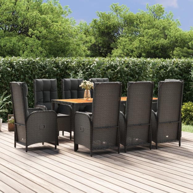 Set da Pranzo da Giardino 9 pz con Cuscini Nero in Polyrattan