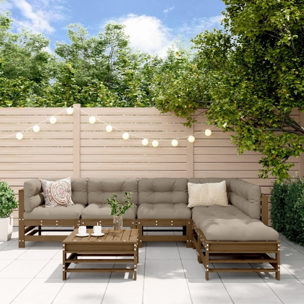 Set Divani da Giardino 7 pz con Cuscini in Legno Massello ambra