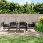 Set Pranzo Giardino 7 pz con Cuscini Polyrattan e Acciaio Nero