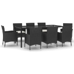 Set da Pranzo da Giardino 9 pz con Cuscini Nero in Polyrattan