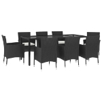 Set da Pranzo da Giardino 9 pz con Cuscini Nero in Polyrattan