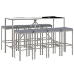 Set Bar da Giardino 9 pz con Cuscini in Polyrattan Grigio