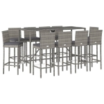 Set Bar da Giardino 11 pz con Cuscini in Polyrattan Grigio