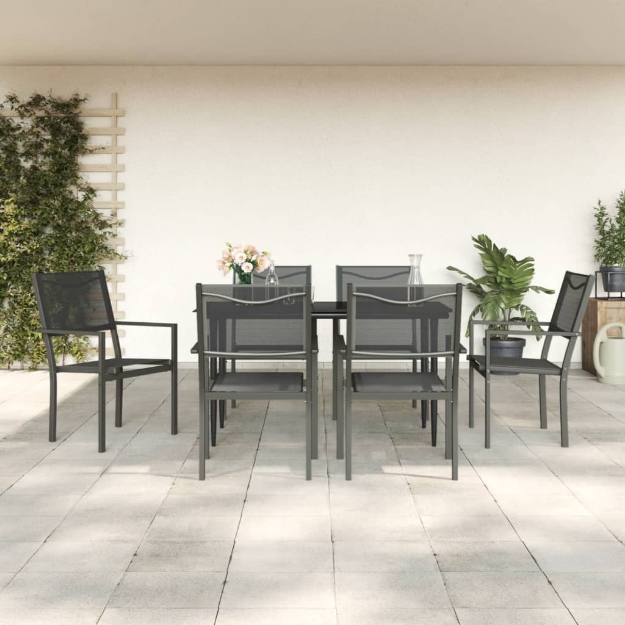 Set da Pranzo da Giardino 7 pz Nero in Acciaio e Textilene