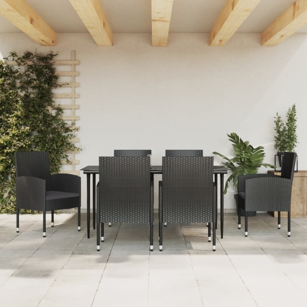 Set da Pranzo da Giardino 7 pz Nero in Polyrattan e Acciaio