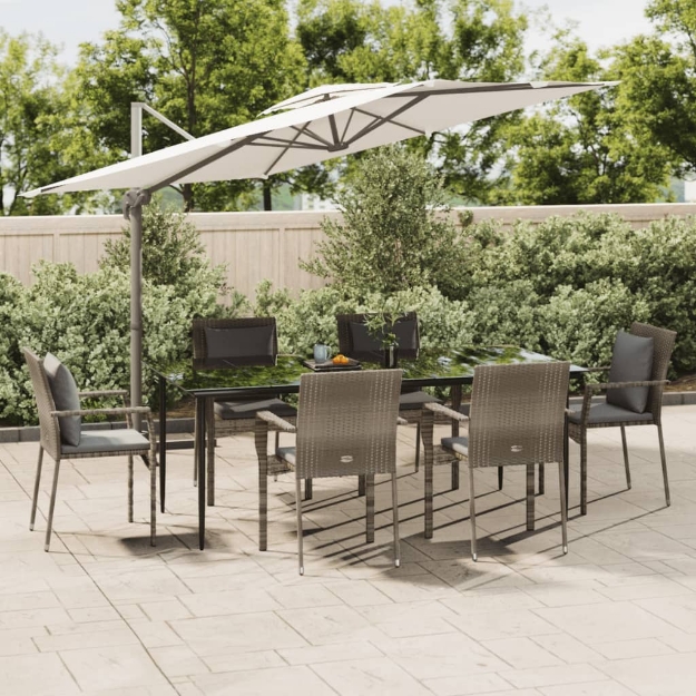 Set da Pranzo Giardino 7pz Nero e Grigio con Cuscini Polyrattan