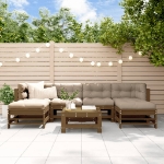Set Divani da Giardino 7 pz con Cuscini in Legno Massello ambra